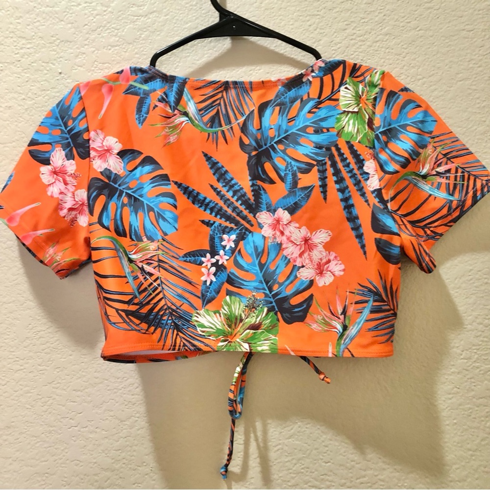 SHEIN Orange Tropical Ruched Tie-Front Swim Crop Top 2 piece set - Picture 2 of 4